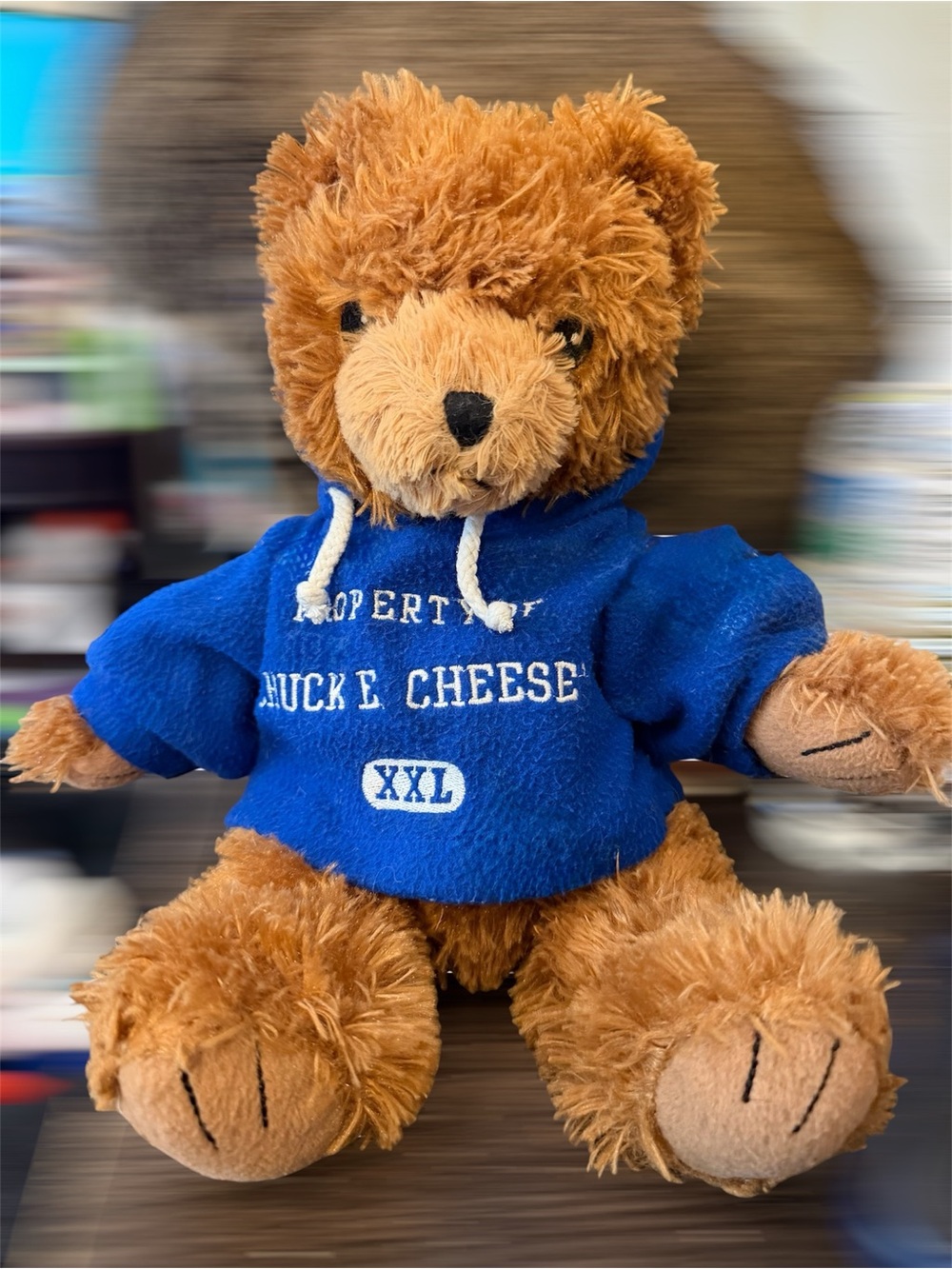 Chuck E. Cheese Brown Plush Bear in Blue Hoodie